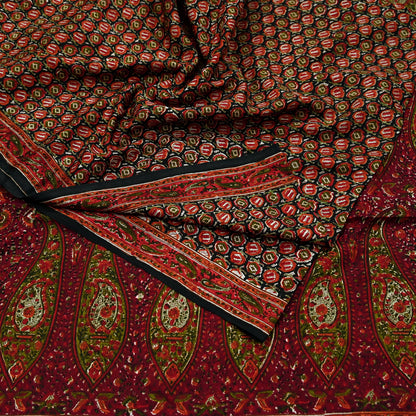 Indian Vintage Sari Black & Maroon 100% Pure Silk Printed Sarees 6yd Craft Fabric Sewing Soft Dress Making Floral Quilting Crafting Upcycle