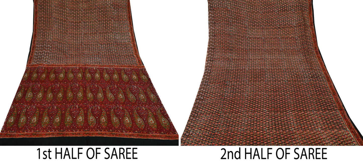 Indian Vintage Sari Black & Maroon 100% Pure Silk Printed Sarees 6yd Craft Fabric Sewing Soft Dress Making Floral Quilting Crafting Upcycle