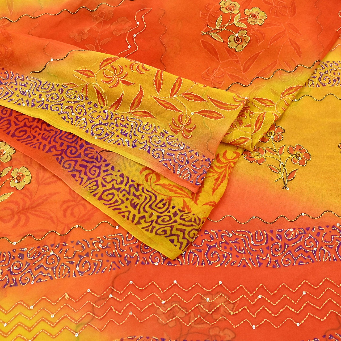 Indian Vintage Red Saree Pure Georgette Silk Hand Embroidered Kantha Sari Craft Fabric 5yd Sewing Floral Soft Sequins Dress making