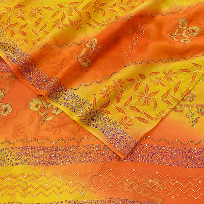 Indian Vintage Red Saree Pure Georgette Silk Hand Embroidered Kantha Sari Craft Fabric 5yd Sewing Floral Soft Sequins Dress making