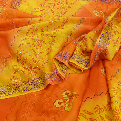 Indian Vintage Red Saree Pure Georgette Silk Hand Embroidered Kantha Sari Craft Fabric 5yd Sewing Floral Soft Sequins Dress making
