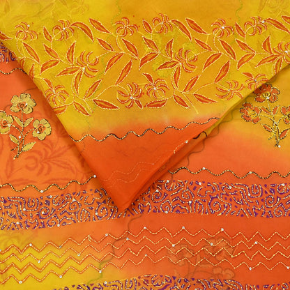 Indian Vintage Red Saree Pure Georgette Silk Hand Embroidered Kantha Sari Craft Fabric 5yd Sewing Floral Soft Sequins Dress making