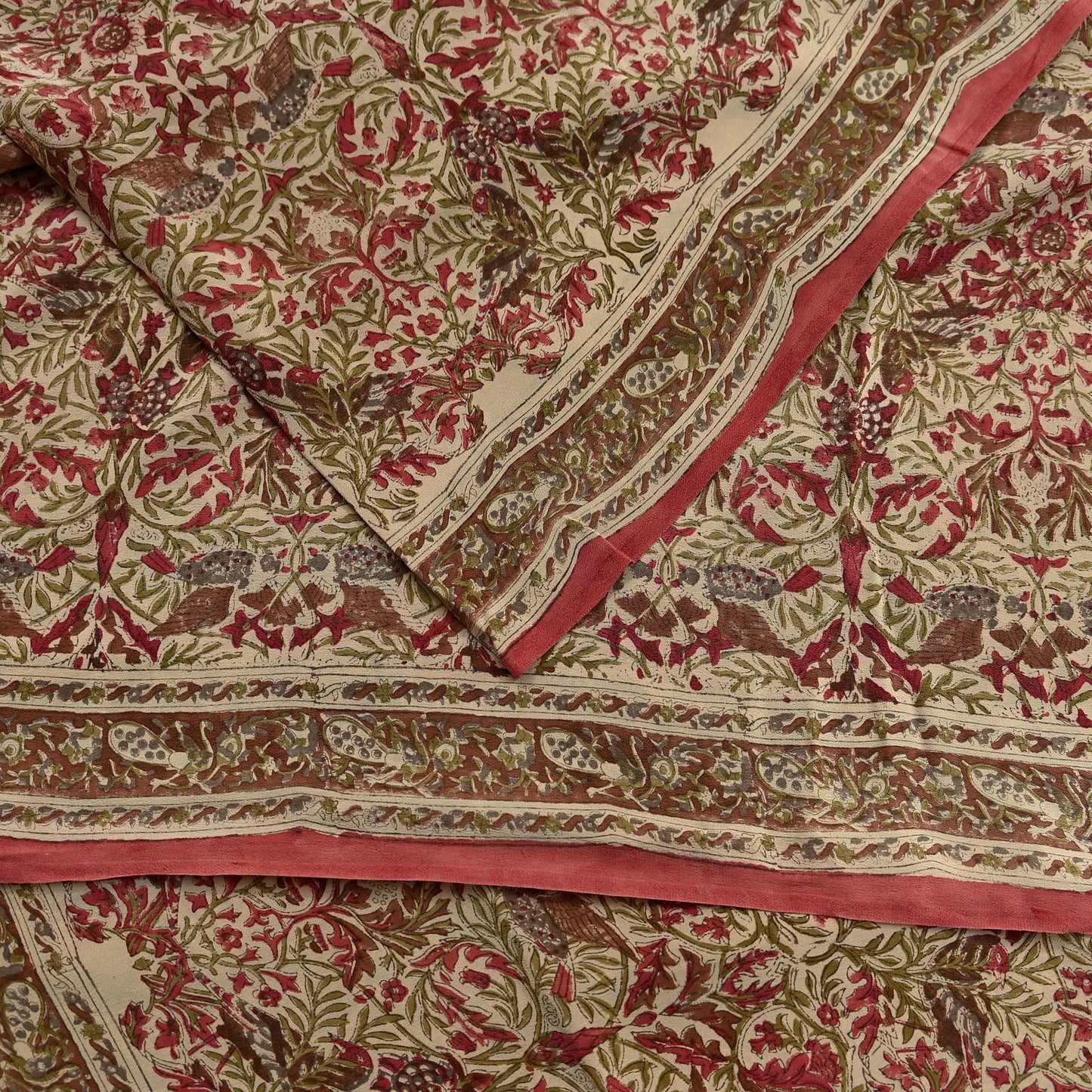 Indian Vintage Pink & beige Pure Crepe Silk Saree Floral Print 5 Yards Soft Sewing Fabric for Dressmaking, Quilting, Crafting  Upcycling