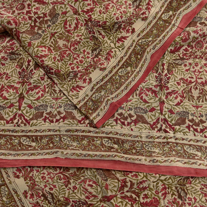 Indian Vintage Pink & beige Pure Crepe Silk Saree Floral Print 5 Yards Soft Sewing Fabric for Dressmaking, Quilting, Crafting  Upcycling