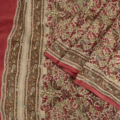 Indian Vintage Pink & beige Pure Crepe Silk Saree Floral Print 5 Yards Soft Sewing Fabric for Dressmaking, Quilting, Crafting  Upcycling