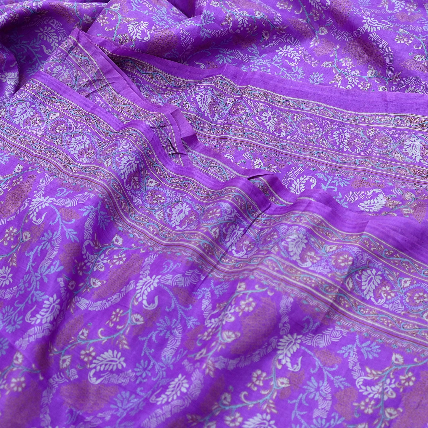 Indian Vintage Purple Pure Silk Printed Saree | 5 Yards | Soft Floral Fabric for Dressmaking, Quilting, Crafting, Sewing & Upcycling