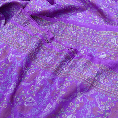 Indian Vintage Purple Pure Silk Printed Saree | 5 Yards | Soft Floral Fabric for Dressmaking, Quilting, Crafting, Sewing & Upcycling