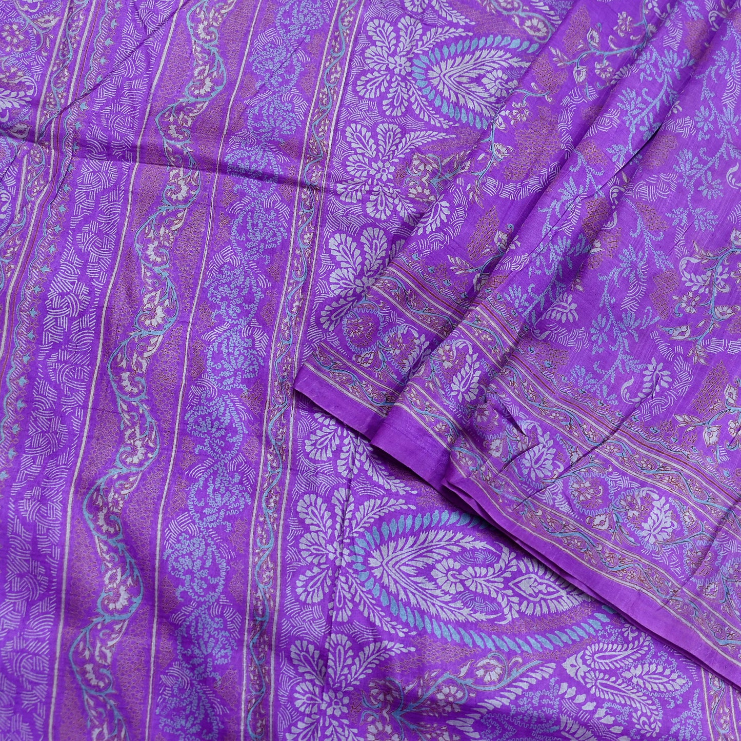 Indian Vintage Purple Pure Silk Printed Saree | 5 Yards | Soft Floral Fabric for Dressmaking, Quilting, Crafting, Sewing & Upcycling