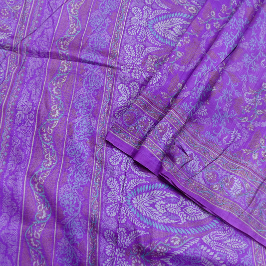 Indian Vintage Purple Pure Silk Printed Saree | 5 Yards | Soft Floral Fabric for Dressmaking, Quilting, Crafting, Sewing & Upcycling