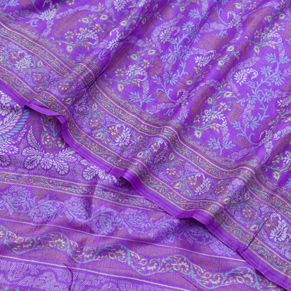 Indian Vintage Purple Pure Silk Printed Saree | 5 Yards | Soft Floral Fabric for Dressmaking, Quilting, Crafting, Sewing & Upcycling