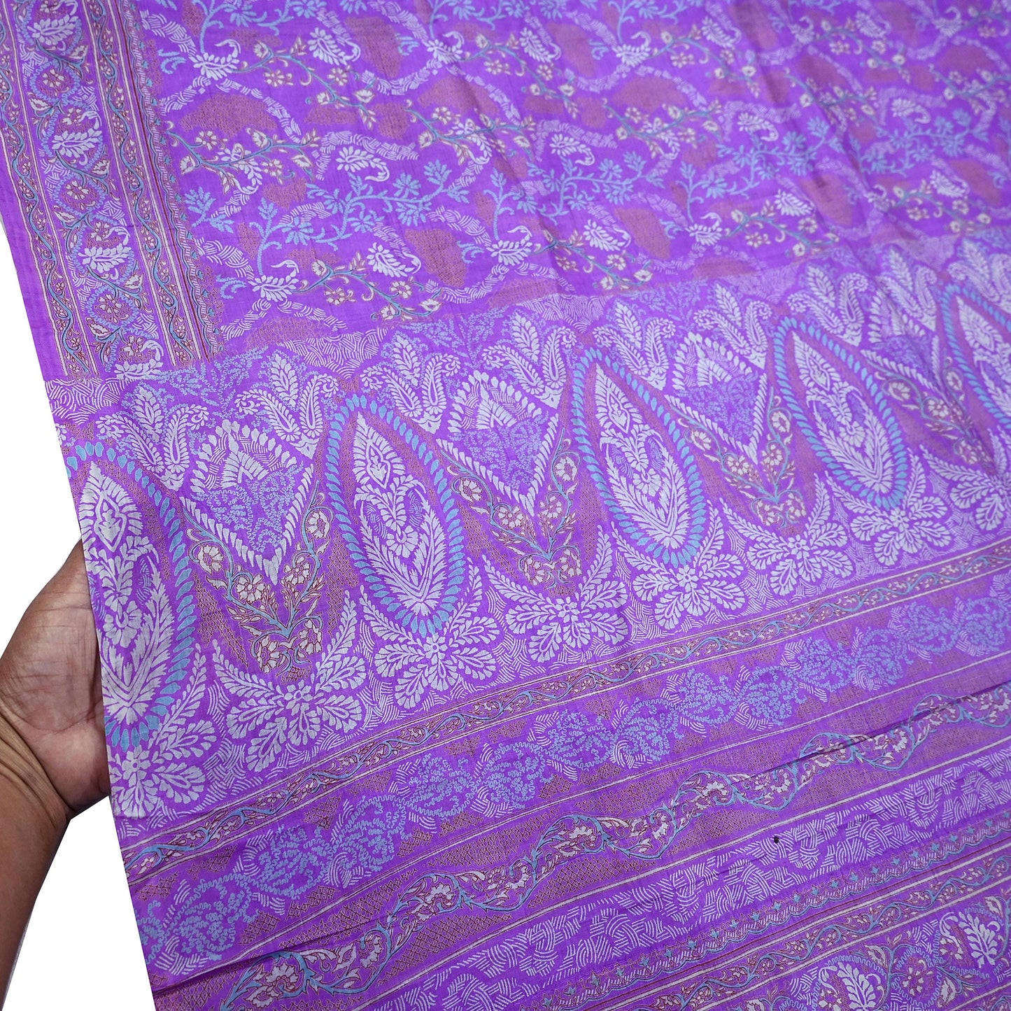 Indian Vintage Purple Pure Silk Printed Saree | 5 Yards | Soft Floral Fabric for Dressmaking, Quilting, Crafting, Sewing & Upcycling