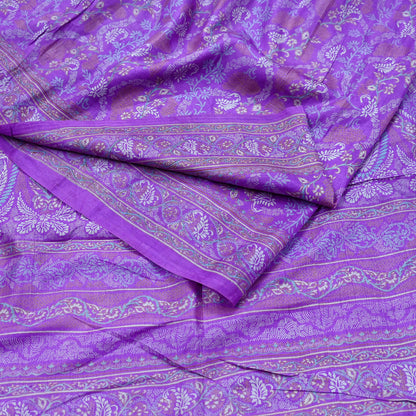 Indian Vintage Purple Pure Silk Printed Saree | 5 Yards | Soft Floral Fabric for Dressmaking, Quilting, Crafting, Sewing & Upcycling