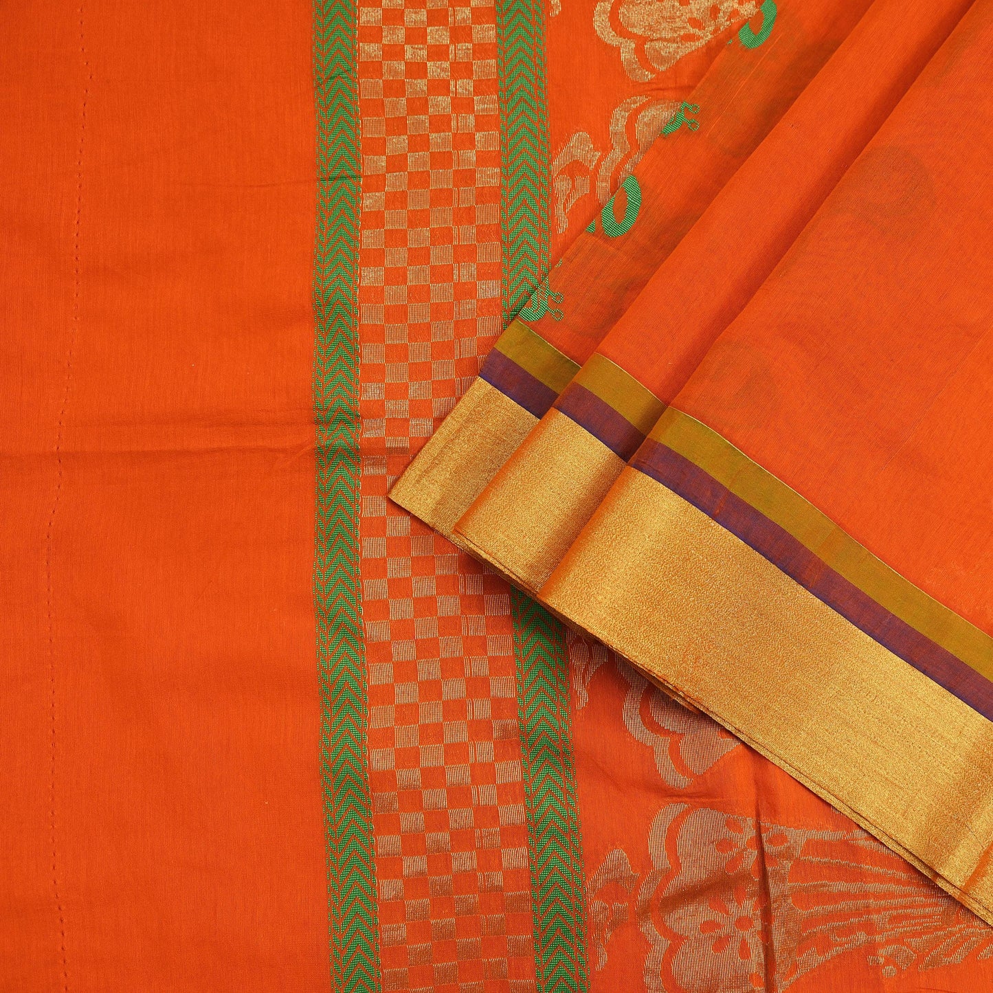 Indian Vintage Sari Orange Chanderi Cotton Hand Woven Sarees 6Yd Craft Fabric Soft Sewing Sarong Dress Making Quilting Crafting Zari Border