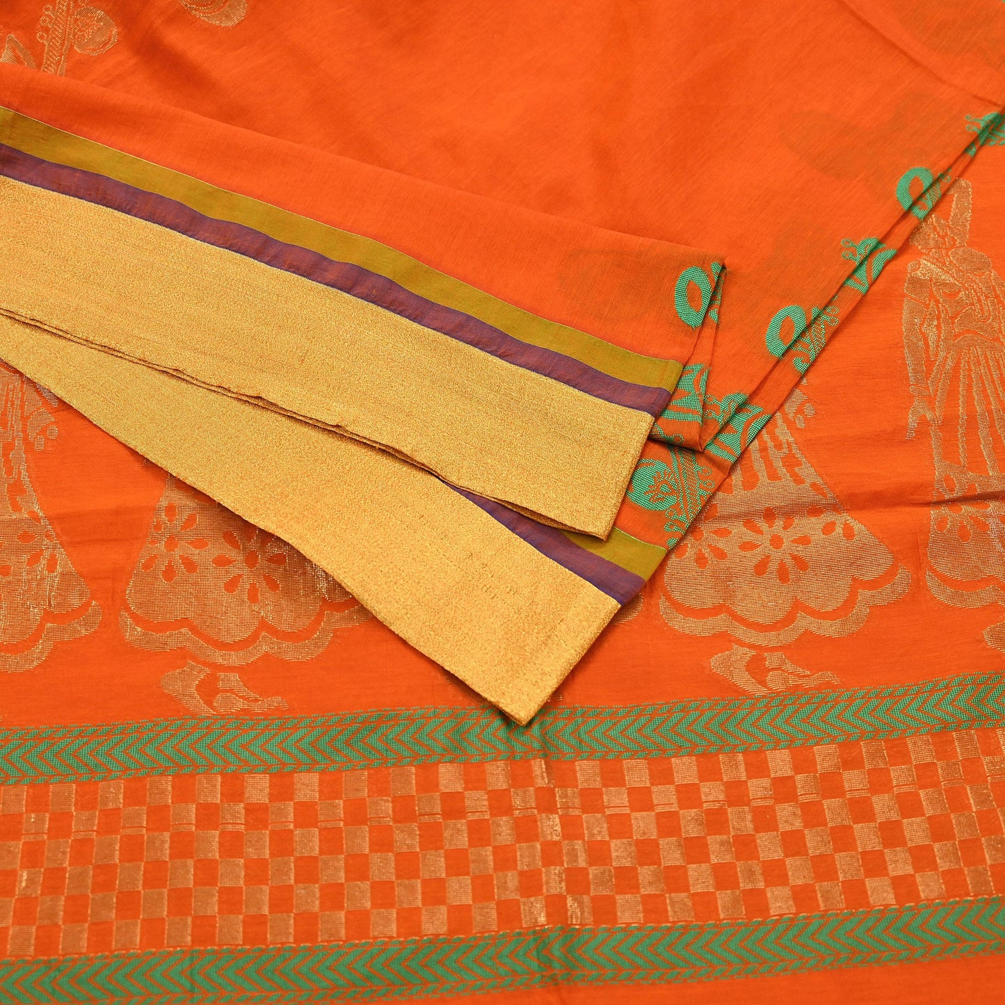 Indian Vintage Sari Orange Chanderi Cotton Hand Woven Sarees 6Yd Craft Fabric Soft Sewing Sarong Dress Making Quilting Crafting Zari Border