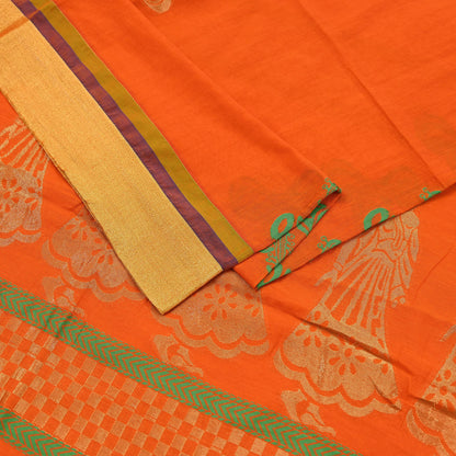 Indian Vintage Sari Orange Chanderi Cotton Hand Woven Sarees 6Yd Craft Fabric Soft Sewing Sarong Dress Making Quilting Crafting Zari Border