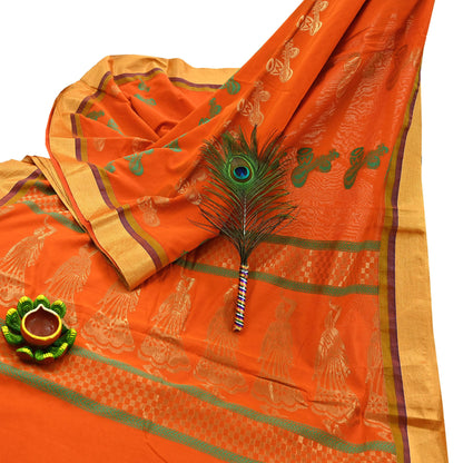 Indian Vintage Sari Orange Chanderi Cotton Hand Woven Sarees 6Yd Craft Fabric Soft Sewing Sarong Dress Making Quilting Crafting Zari Border