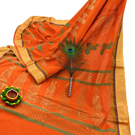 Indian Vintage Sari Orange Chanderi Cotton Hand Woven Sarees 6Yd Craft Fabric Soft Sewing Sarong Dress Making Quilting Crafting Zari Border