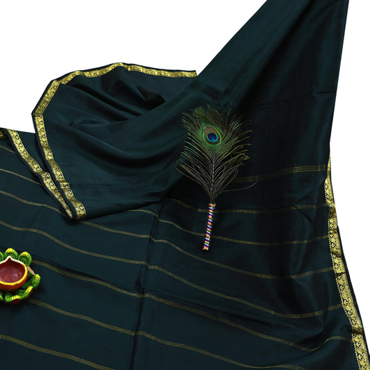 Indian Vintage Green Mysore Silk Woven Saree | Floral Motif & Golden Border | 5 Yards | Pure Silk Craft Fabric | Pre-Owned Quilting, Upcycle