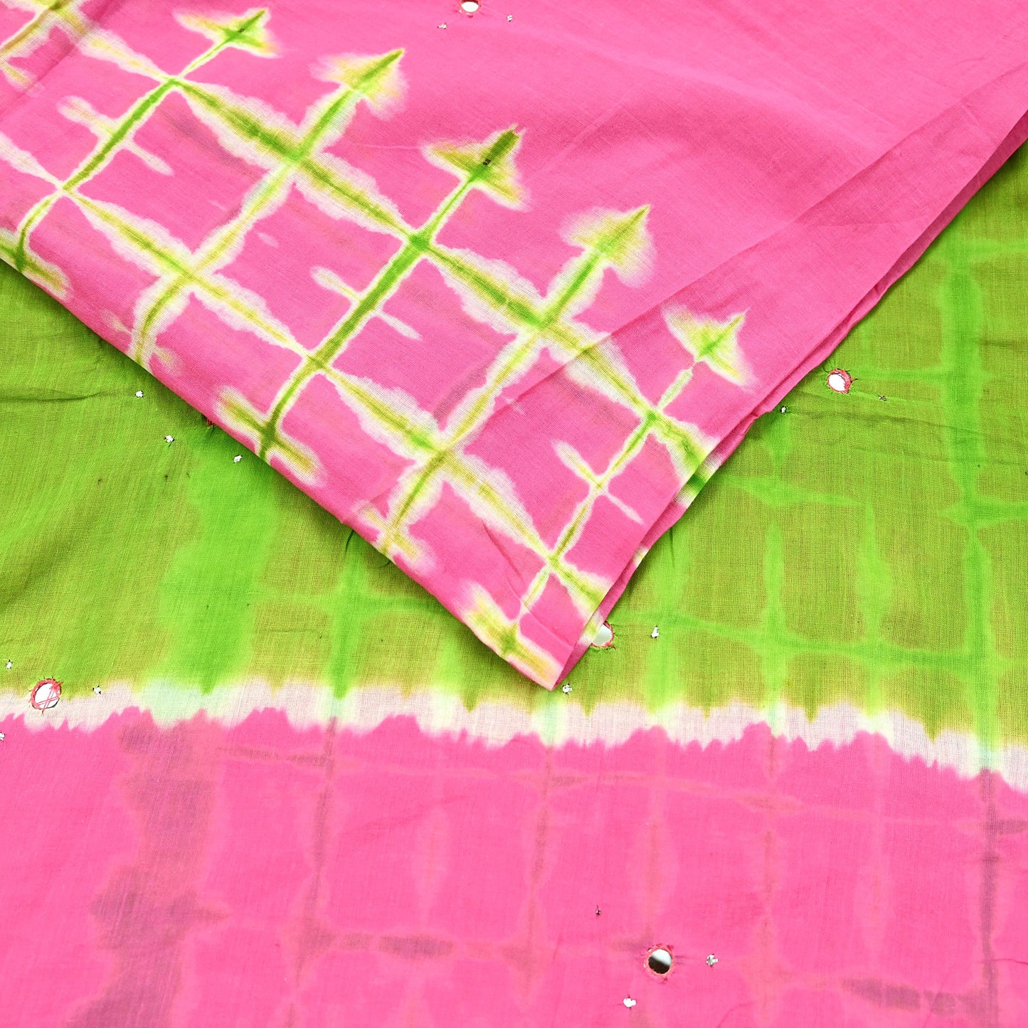 Indian Vintage Sari Green & Pink Tie-Dye Embroidered Printed 100% Pure Cotton Saree Craft Soft Fabric 5Yd Sewing Sarong Boho Floral