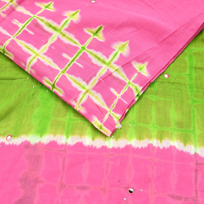 Indian Vintage Sari Green & Pink Tie-Dye Embroidered Printed 100% Pure Cotton Saree Craft Soft Fabric 5Yd Sewing Sarong Boho Floral
