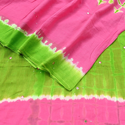 Indian Vintage Sari Green & Pink Tie-Dye Embroidered Printed 100% Pure Cotton Saree Craft Soft Fabric 5Yd Sewing Sarong Boho Floral