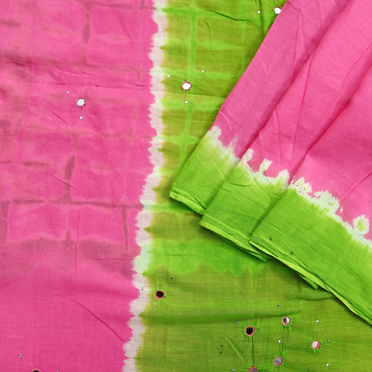Indian Vintage Sari Green & Pink Tie-Dye Embroidered Printed 100% Pure Cotton Saree Craft Soft Fabric 5Yd Sewing Sarong Boho Floral