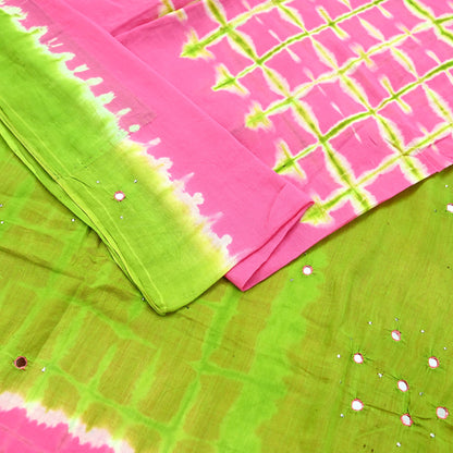 Indian Vintage Sari Green & Pink Tie-Dye Embroidered Printed 100% Pure Cotton Saree Craft Soft Fabric 5Yd Sewing Sarong Boho Floral