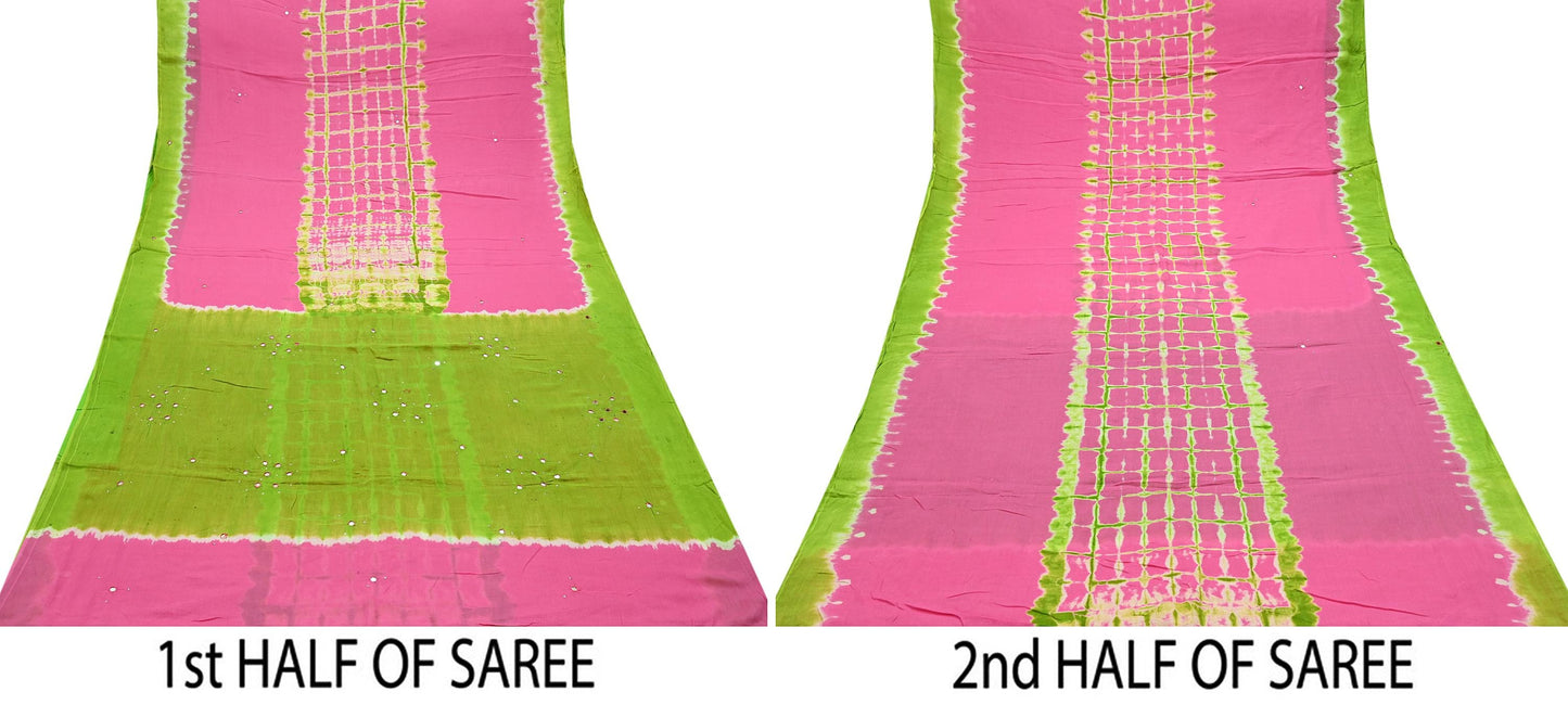 Indian Vintage Sari Green & Pink Tie-Dye Embroidered Printed 100% Pure Cotton Saree Craft Soft Fabric 5Yd Sewing Sarong Boho Floral