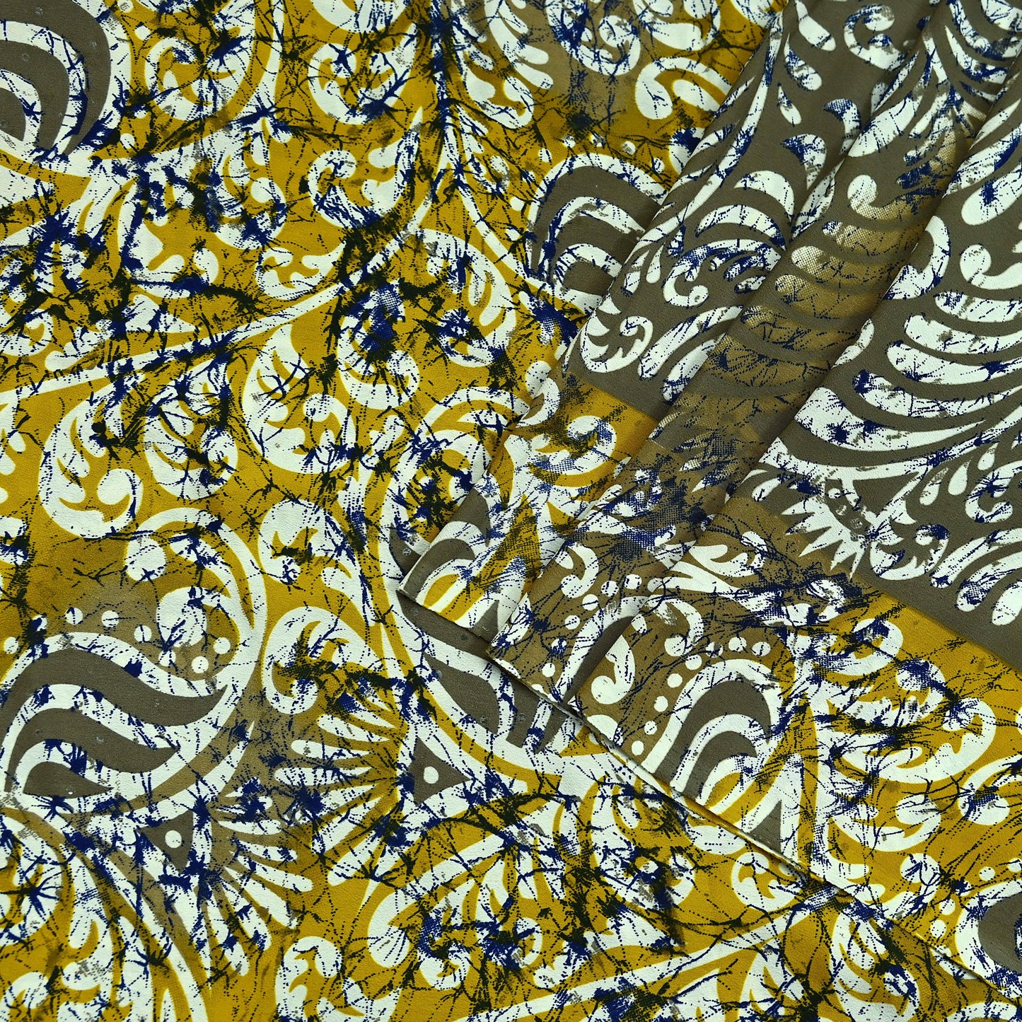 Indian Vintage Saree Yellow & Gray Moss Crepe Printed Sari | 5 Yards | Floral Soft Fabric for Sewing, Dressmaking, Crafting, Quilting