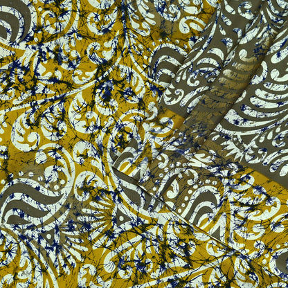 Indian Vintage Saree Yellow & Gray Moss Crepe Printed Sari | 5 Yards | Floral Soft Fabric for Sewing, Dressmaking, Crafting, Quilting