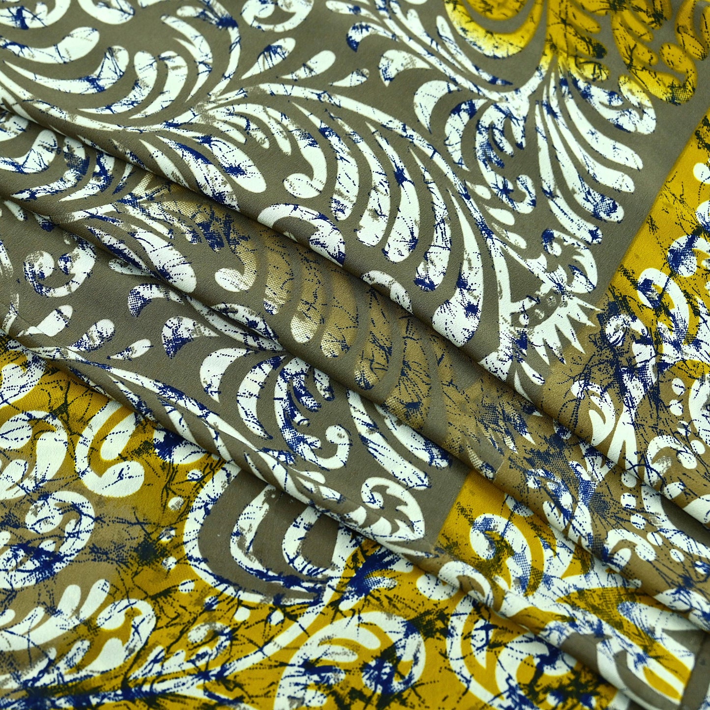 Indian Vintage Saree Yellow & Gray Moss Crepe Printed Sari | 5 Yards | Floral Soft Fabric for Sewing, Dressmaking, Crafting, Quilting