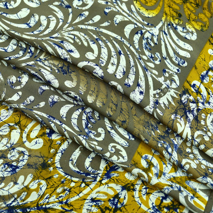 Indian Vintage Saree Yellow & Gray Moss Crepe Printed Sari | 5 Yards | Floral Soft Fabric for Sewing, Dressmaking, Crafting, Quilting