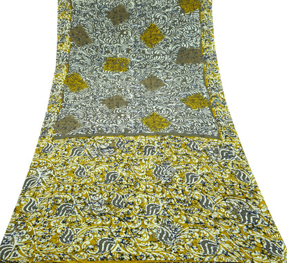 Indian Vintage Saree Yellow & Gray Moss Crepe Printed Sari | 5 Yards | Floral Soft Fabric for Sewing, Dressmaking, Crafting, Quilting