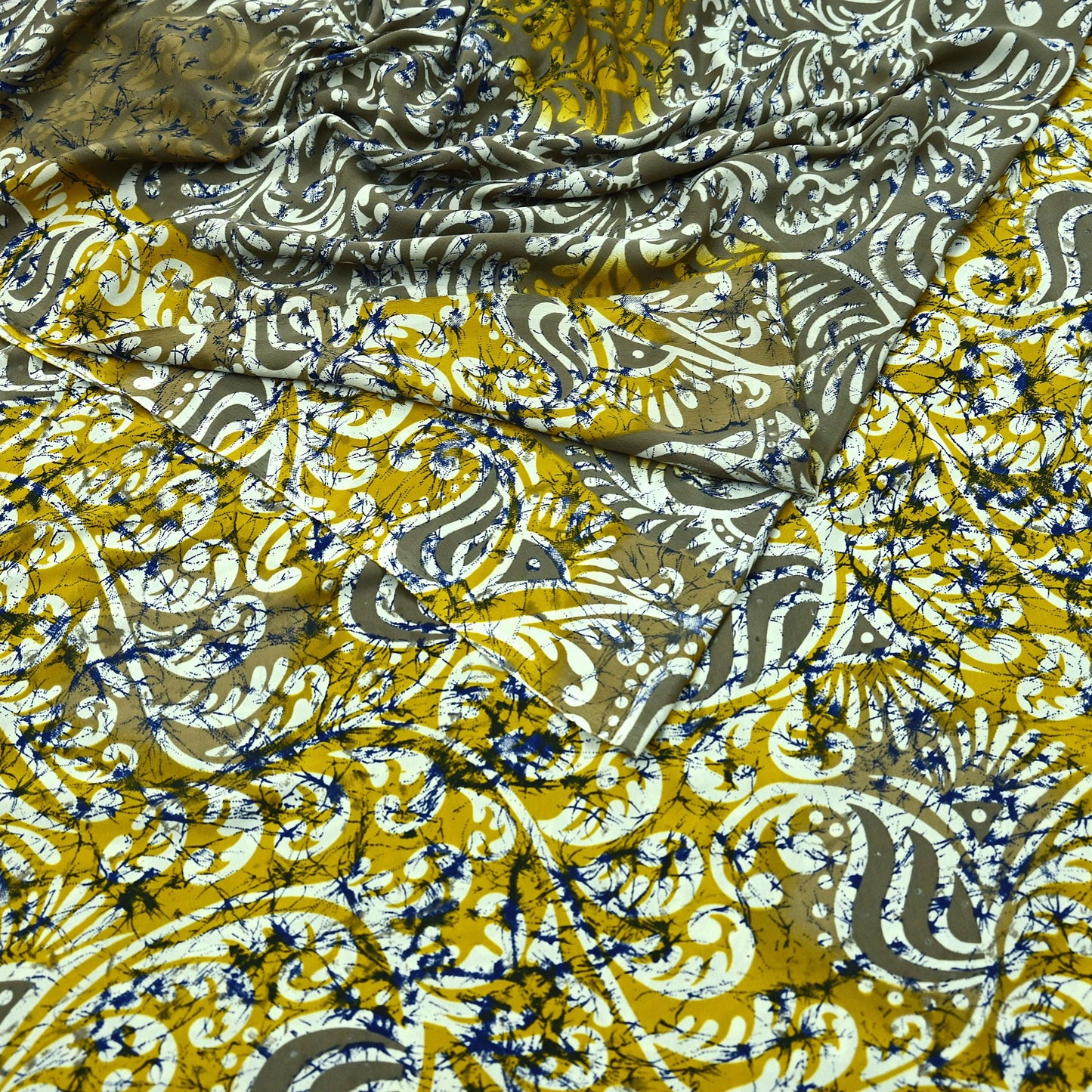 Indian Vintage Saree Yellow & Gray Moss Crepe Printed Sari | 5 Yards | Floral Soft Fabric for Sewing, Dressmaking, Crafting, Quilting