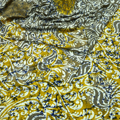 Indian Vintage Saree Yellow & Gray Moss Crepe Printed Sari | 5 Yards | Floral Soft Fabric for Sewing, Dressmaking, Crafting, Quilting