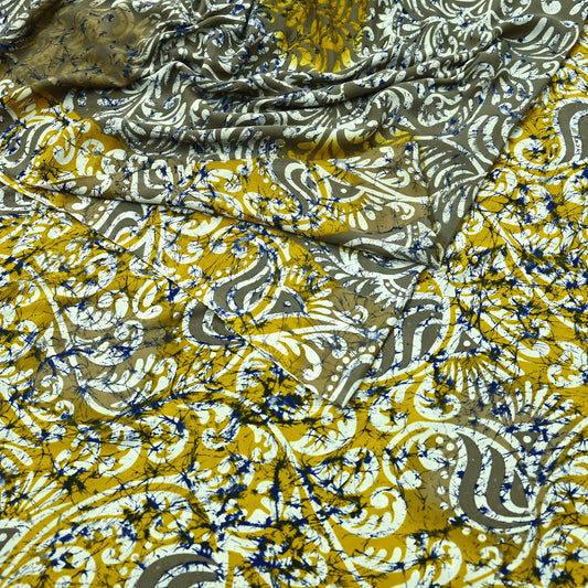 Indian Vintage Saree Yellow & Gray Moss Crepe Printed Sari | 5 Yards | Floral Soft Fabric for Sewing, Dressmaking, Crafting, Quilting