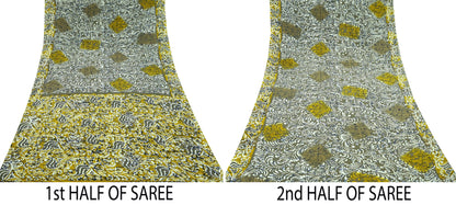 Indian Vintage Saree Yellow & Gray Moss Crepe Printed Sari | 5 Yards | Floral Soft Fabric for Sewing, Dressmaking, Crafting, Quilting