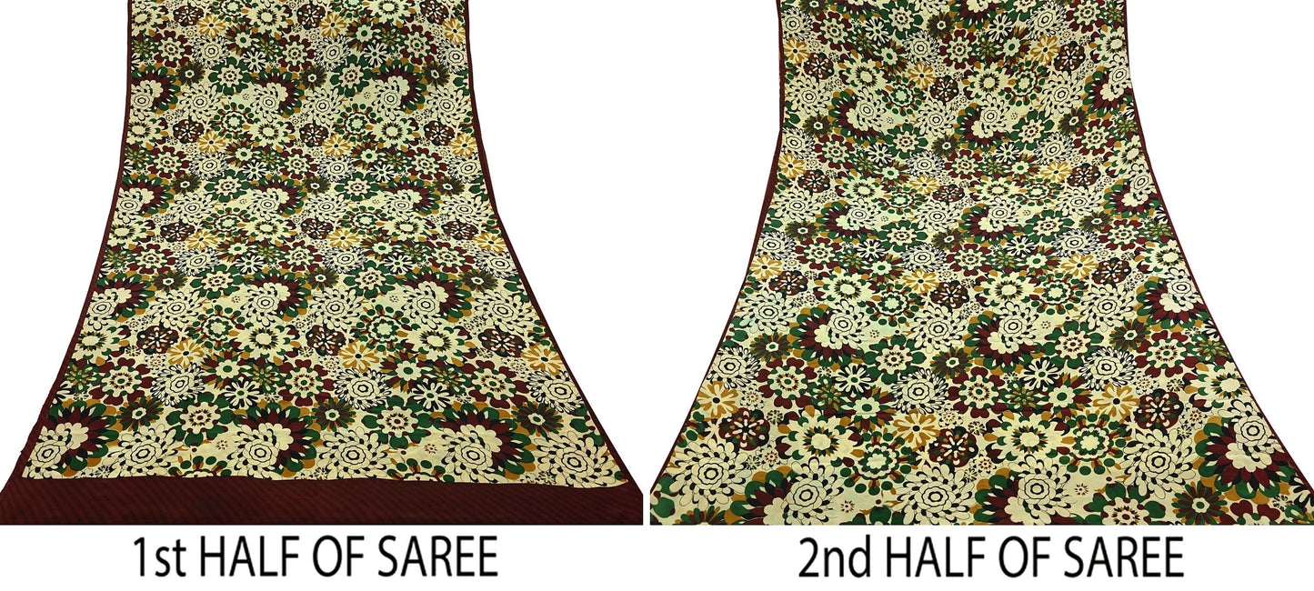 Indian Vintage Pure Crepe Silk Saree | Floral Print | 5 Yards | Soft Sewing Fabric for Dressmaking, Quilting, Crafting & Upcycling