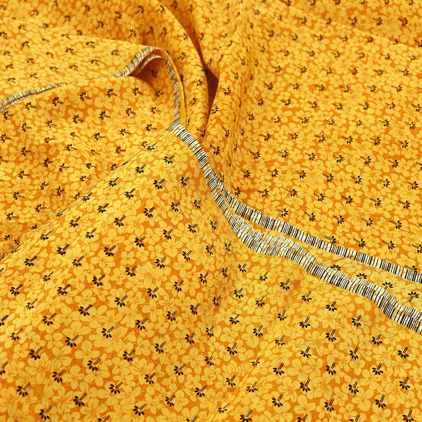 Indian Vintage Mustard Pure Crepe Silk Saree | Floral Print | 5 Yards | Soft Sewing Fabric for Dressmaking, Quilting, Crafting & Upcycling