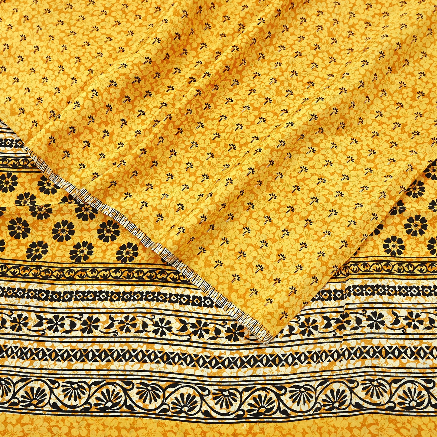 Indian Vintage Mustard Pure Crepe Silk Saree | Floral Print | 5 Yards | Soft Sewing Fabric for Dressmaking, Quilting, Crafting & Upcycling