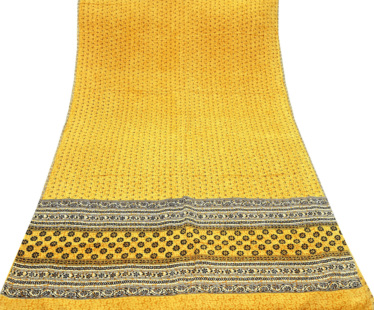 Indian Vintage Mustard Pure Crepe Silk Saree | Floral Print | 5 Yards | Soft Sewing Fabric for Dressmaking, Quilting, Crafting & Upcycling