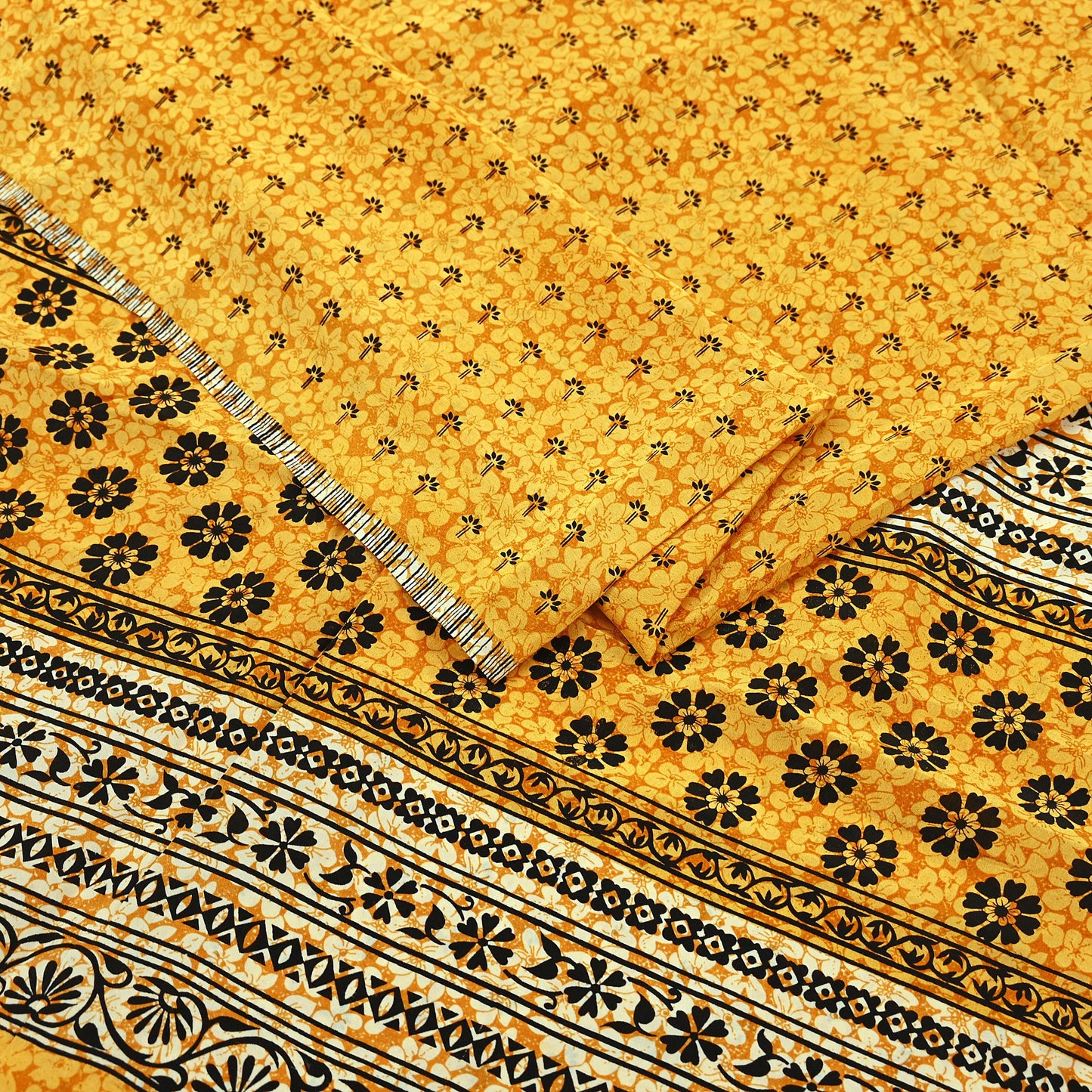 Indian Vintage Mustard Pure Crepe Silk Saree | Floral Print | 5 Yards | Soft Sewing Fabric for Dressmaking, Quilting, Crafting & Upcycling