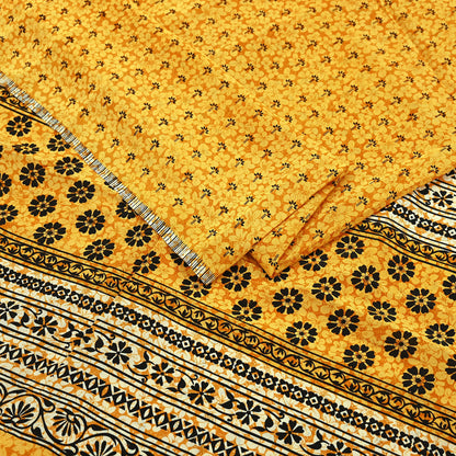 Indian Vintage Mustard Pure Crepe Silk Saree | Floral Print | 5 Yards | Soft Sewing Fabric for Dressmaking, Quilting, Crafting & Upcycling