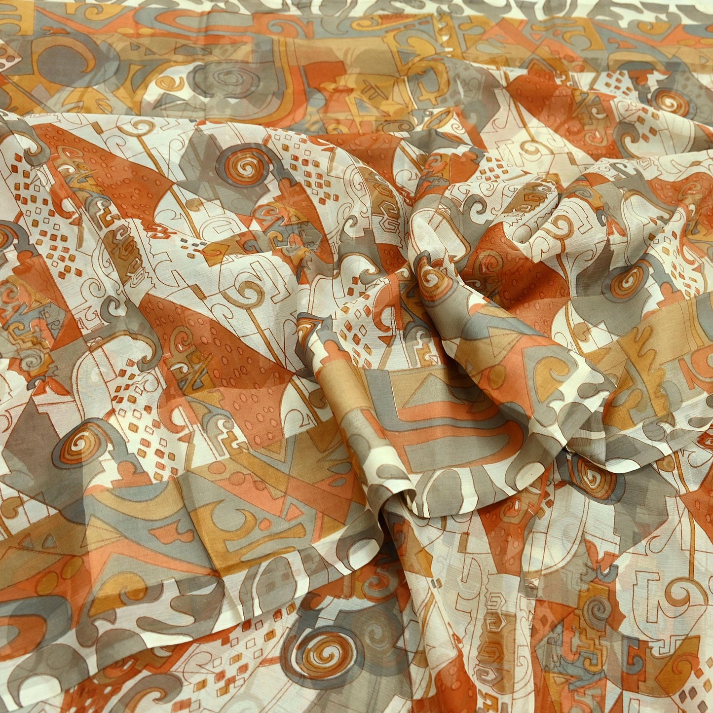 Indian Vintage Pure Chiffon Silk Saree | Printed Abstract Design | 6 Yardrs | Sheer Soft Fabric for Sewing, Dressmaking,Craft Projects