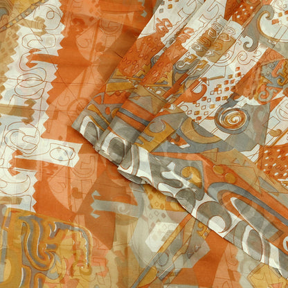 Indian Vintage Pure Chiffon Silk Saree | Printed Abstract Design | 6 Yardrs | Sheer Soft Fabric for Sewing, Dressmaking,Craft Projects