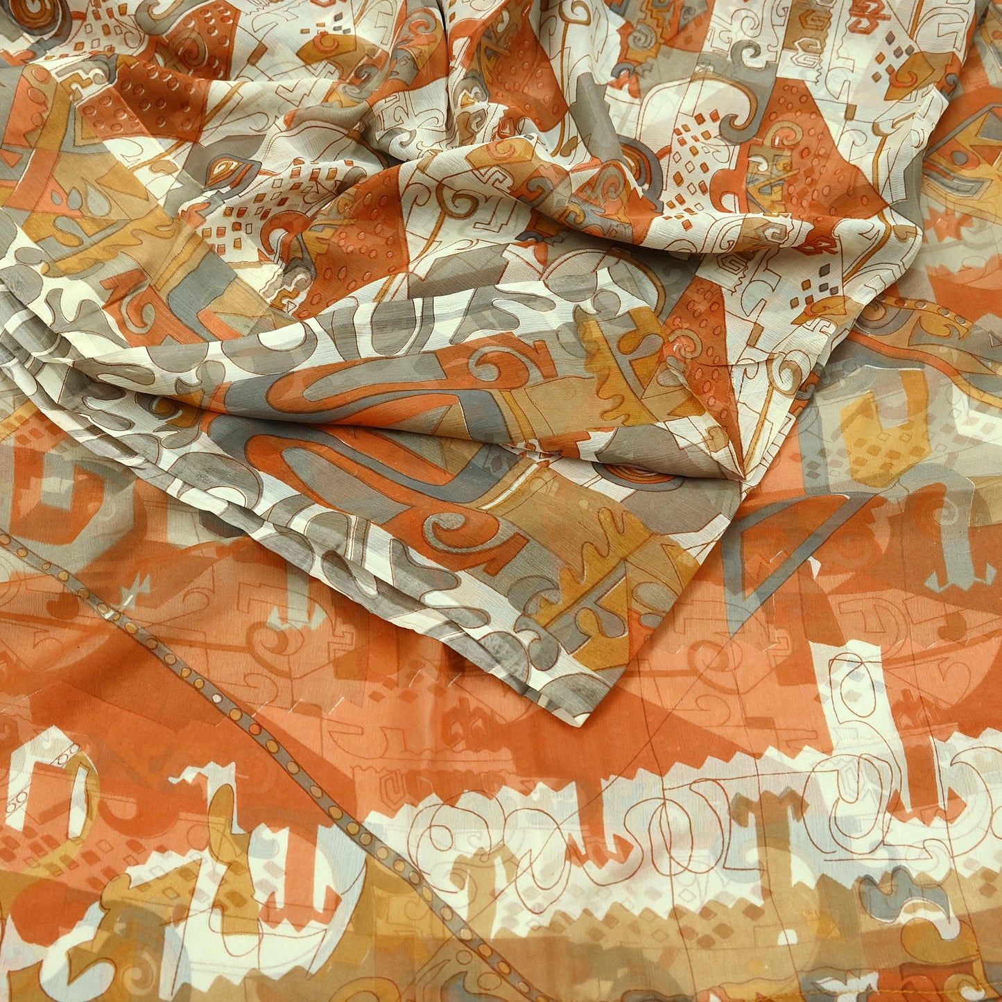 Indian Vintage Pure Chiffon Silk Saree | Printed Abstract Design | 6 Yardrs | Sheer Soft Fabric for Sewing, Dressmaking,Craft Projects