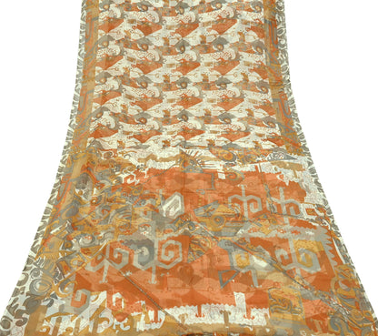Indian Vintage Pure Chiffon Silk Saree | Printed Abstract Design | 6 Yardrs | Sheer Soft Fabric for Sewing, Dressmaking,Craft Projects