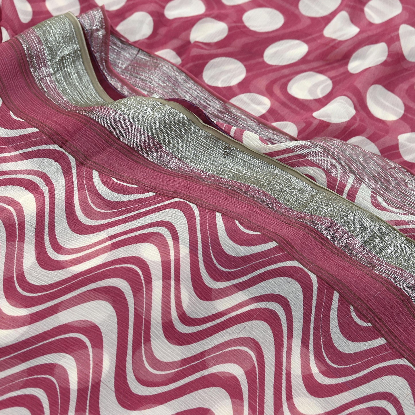 Indian Vintage Pure Chiffon Silk Saree | Printed Abstract Design | 5 Yards | Sheer Soft Fabric for Sewing, Dressmaking, Craft Projects