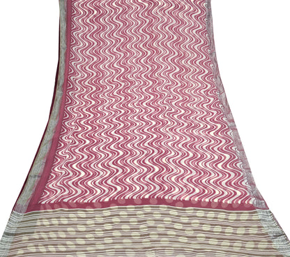 Indian Vintage Pure Chiffon Silk Saree | Printed Abstract Design | 5 Yards | Sheer Soft Fabric for Sewing, Dressmaking, Craft Projects