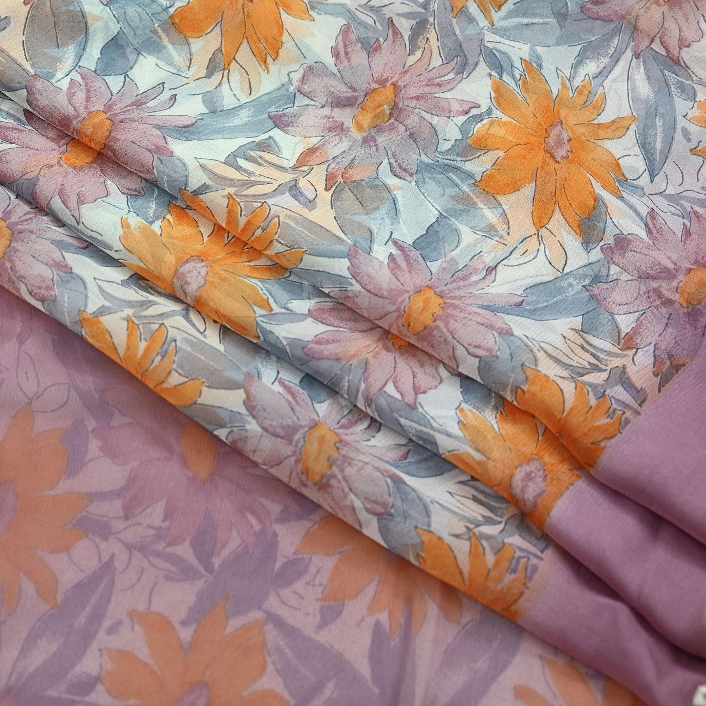 Indian Vintage Pure Chiffon Silk Saree | Printed Floral Design | 5 Yards | Sheer Soft Fabric for Sewing, Dressmaking, Craft Projects, Zari